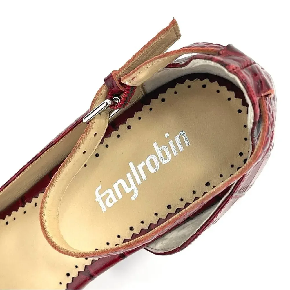 Farylrobin/Anthropologie D'Orsay Wedge Sandal Sz 7 Red Leather Embossed Open-Toe
